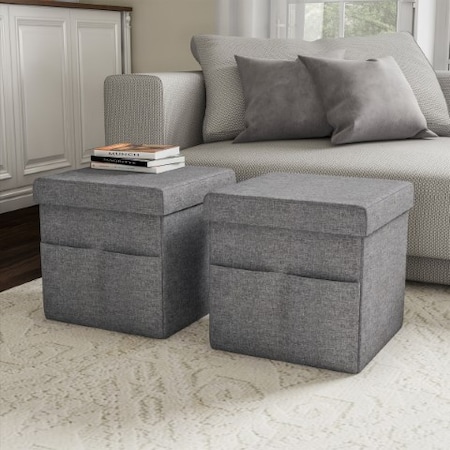 Hastings Home Foldable Storage Cube Ottoman with Pockets, Footrest Organizer for Bedroom, Dorm, (Pair, Charcoal Gray 818893AZC